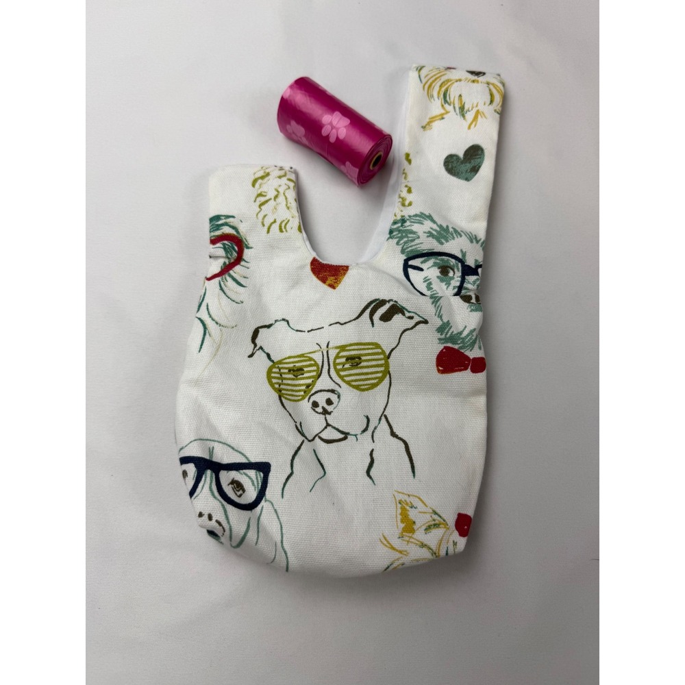 Dog Print Japanese Knot Bag White Canvas Wristlet Poodle Terrier Glasses tote